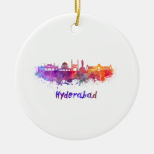 Hyderabad skyline in watercolor ceramic tree decoration