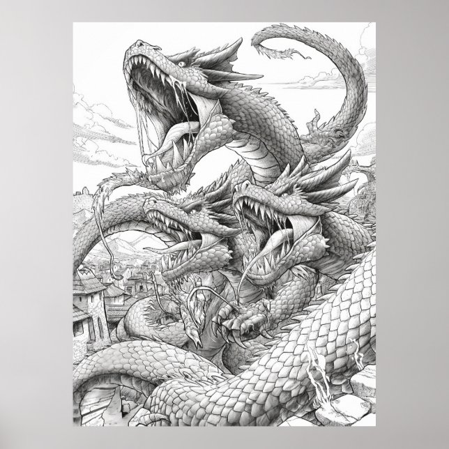 Hydra Colouring Book Page - Giant Snake Creature Poster (Front)