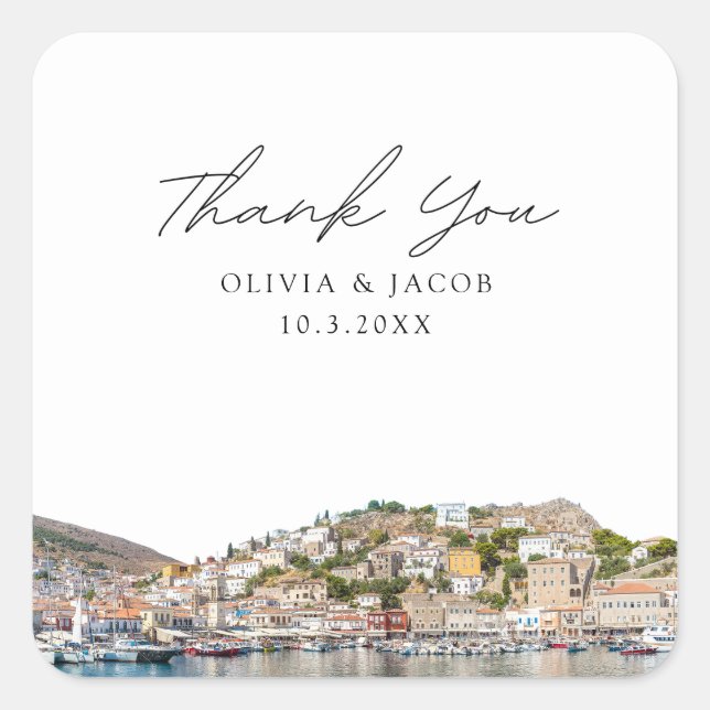 Hydra Greece Wedding Favour Thank You Square Sticker (Front)