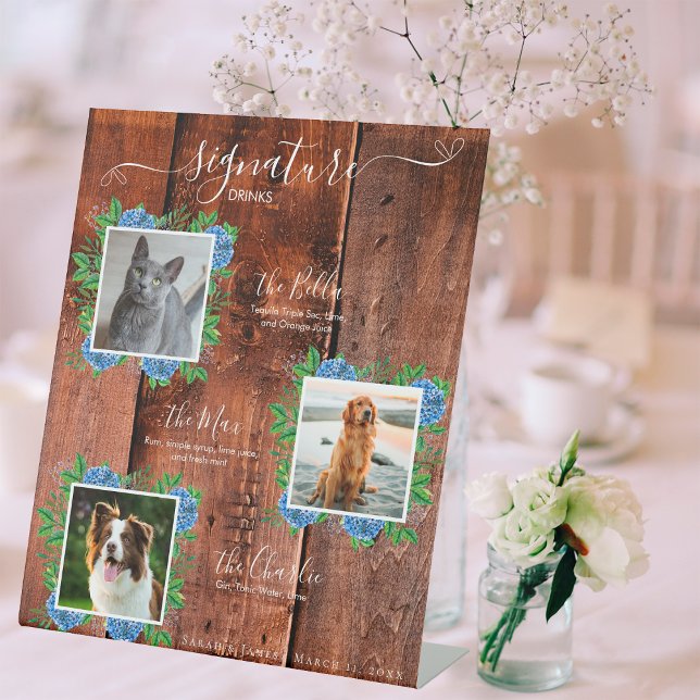 Hydrangea 3 Photo Wood Wedding Pet Signature Drink Pedestal Sign (Creator Uploaded)
