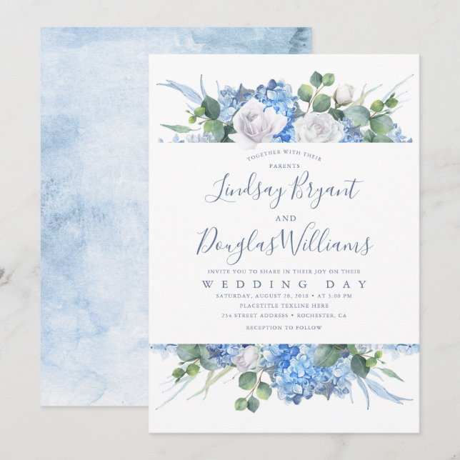 Hydrangea and Greenery Dusty Blue Floral Wedding Invitation (Front/Back)