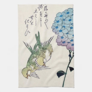 Hydrangea and Greenfinches, Hiroshige, Ukiyo-e Tea Towel