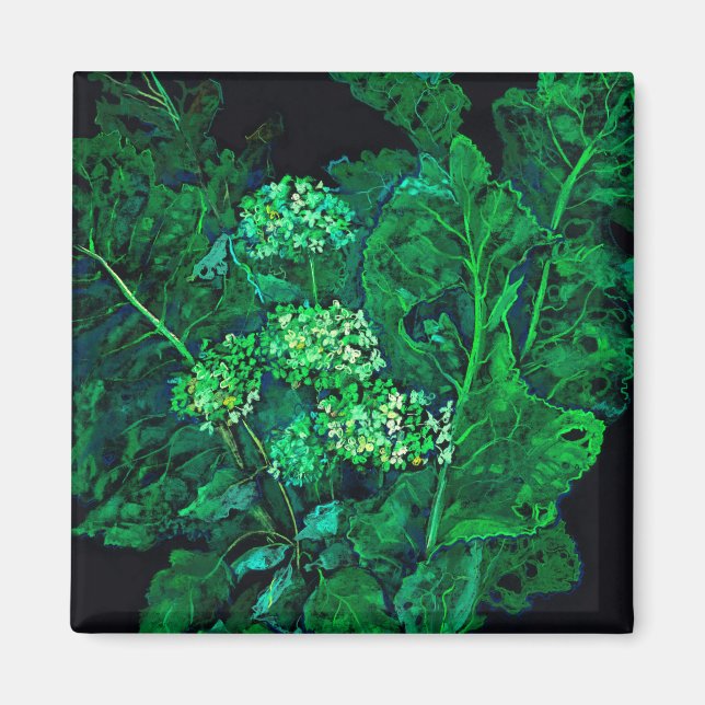 Hydrangea and Horseradish Floral Art Black & Green Magnet (Front)
