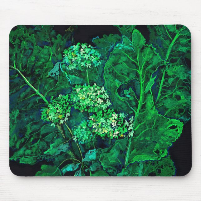 Hydrangea and Horseradish Floral Art Black & Green Mouse Mat (Front)