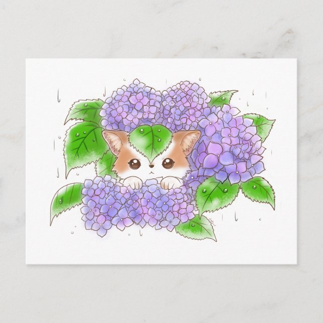 Hydrangea and Mochi Rainy Day  Postcard by Amy C (Front)
