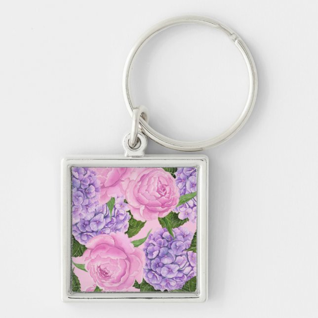 Hydrangea and peony pattern key ring (Front)
