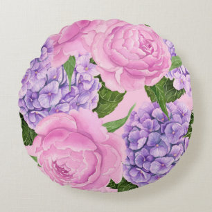 Hydrangea and peony pattern round cushion