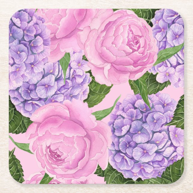 Hydrangea and peony pattern square paper coaster (Front)