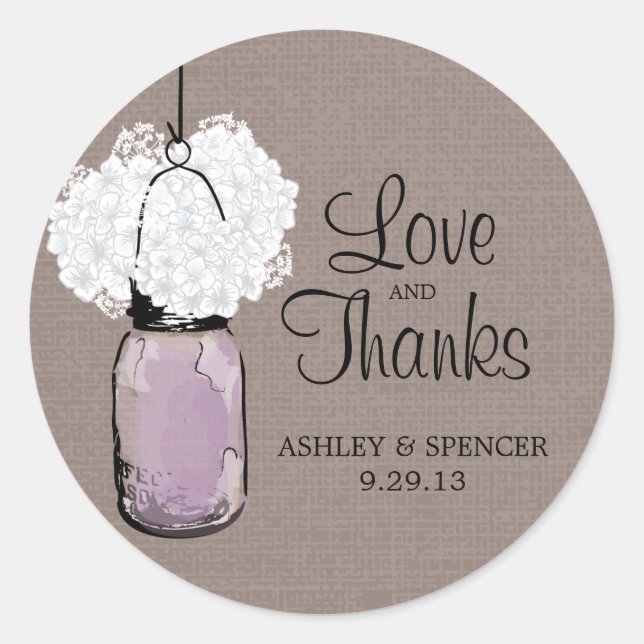 Hydrangea and Rustic Lavender Mason Jar Classic Round Sticker (Front)