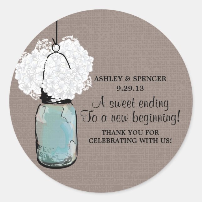 Hydrangea and Rustic Mason Jar Classic Round Sticker (Front)