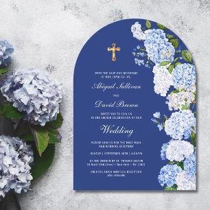 Hydrangea Arch on Blue Religious Wedding Invitation