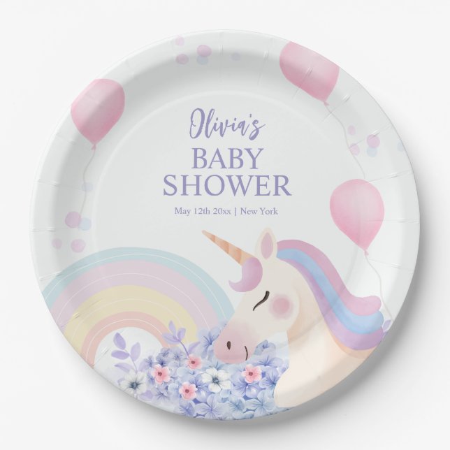 Hydrangea Balloon Rainbow Unicorn Baby Shower  Paper Plate (Front)
