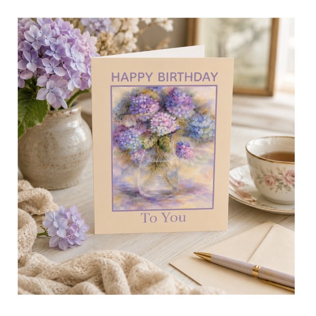 Hydrangea Birthday Card | Soft Purple Floral Card (Elegant hydrangea birthday card with soft watercolor florals and timeless boutique charm.)