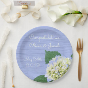 Hydrangea Bloom Blue Wood Grain Wedding Paper Plate