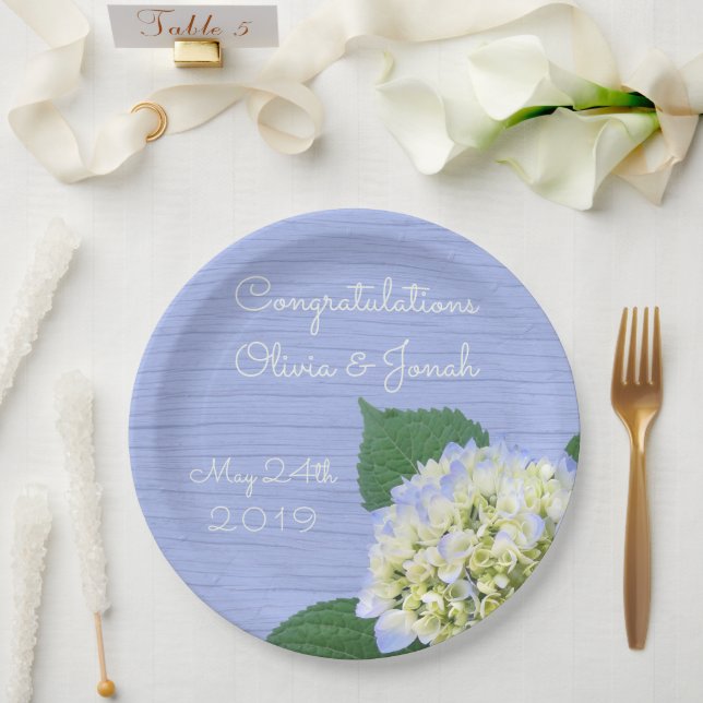Hydrangea Bloom Blue Wood Grain Wedding Paper Plate (Wedding)