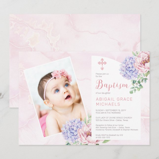 Hydrangea Blooms Girl Baby Photo Baptism Invitation (Front/Back)