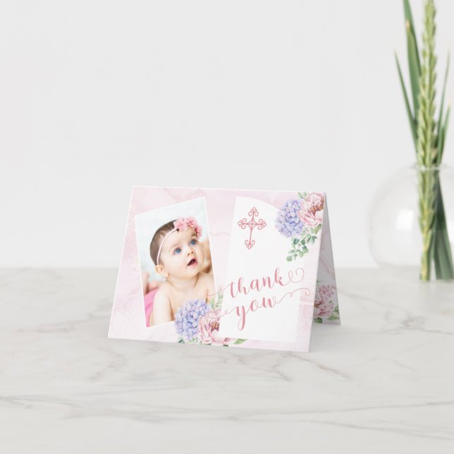 Hydrangea Blooms Girl Baby Photo Baptism Thank You Card (Front)