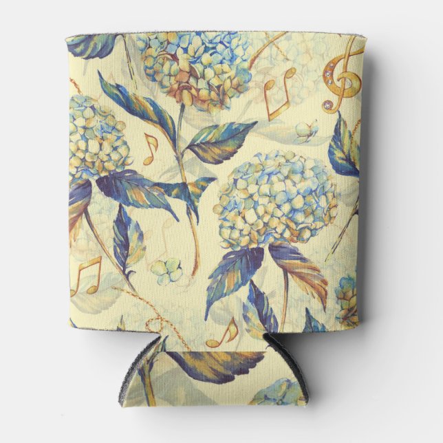 Hydrangea Blossom: Blue White Vintage. Can Cooler (Front)