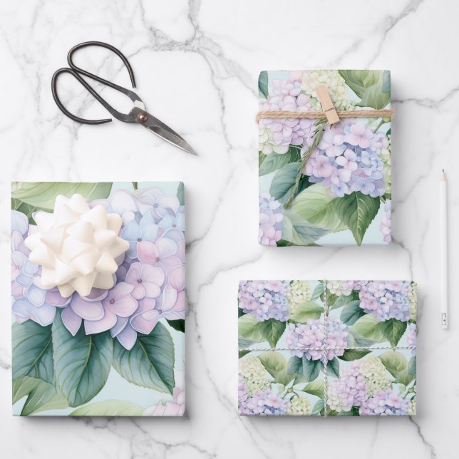 Hydrangea Blossoms Lilac Blue Cream Floral Pattern Wrapping Paper Sheet (Front)