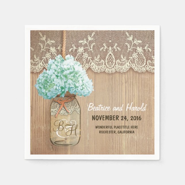 hydrangea blossoms mason jar rustic paper napkins (Front)
