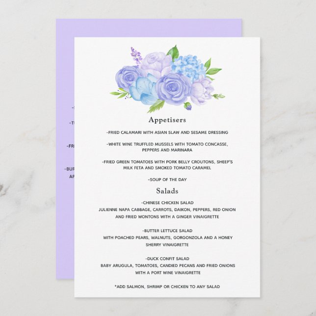 Hydrangea Blue and Light Lavender Wedding Menu (Front/Back)