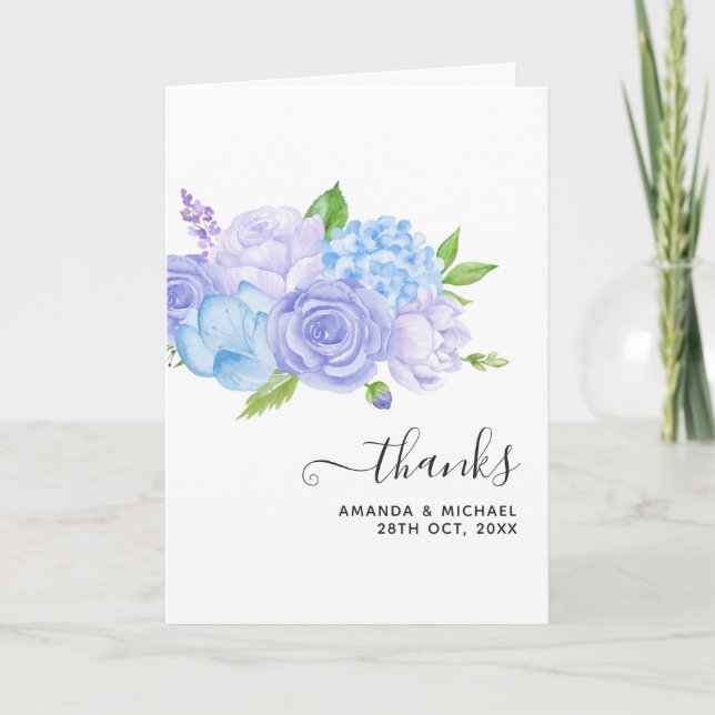 Hydrangea Blue and Light Lavender Wedding Photo Thank You Card (Front)