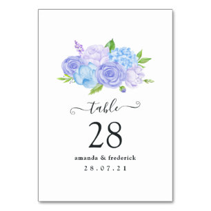 Hydrangea Blue and Light Lavender Wedding Table Number