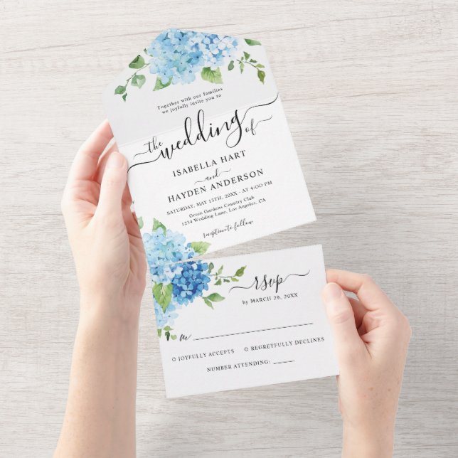 Hydrangea Blue Dusty Light Floral Wedding RSVP All In One Invitation (Tearaway)