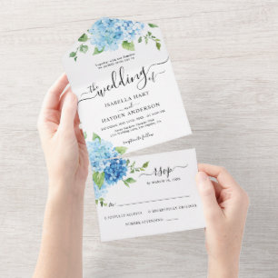 Hydrangea Blue Dusty Light Floral Wedding RSVP All In One Invitation