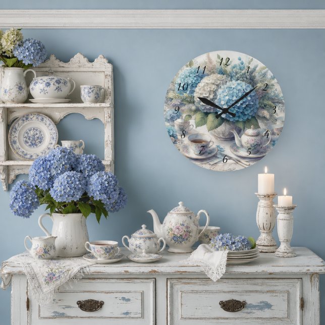 Hydrangea Blue Farmhouse Floral Tea-Set Decor Large Clock (Creator Uploaded)