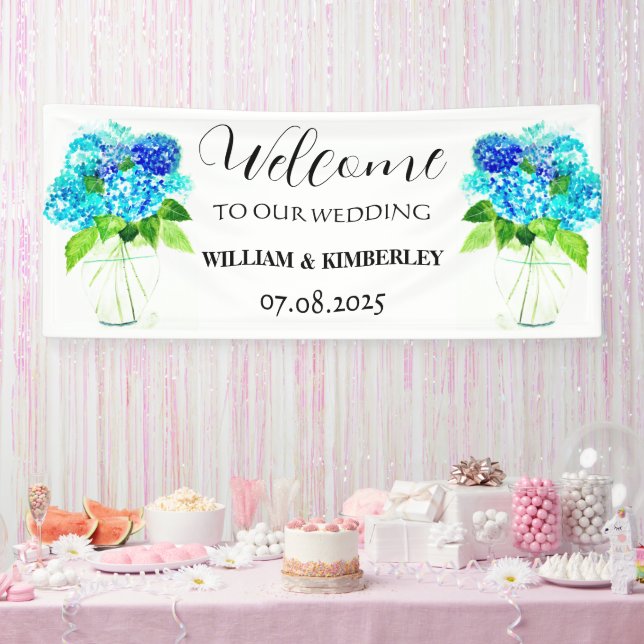 Hydrangea Blue Floral Flowers Rustic Wedding Banner (Party)
