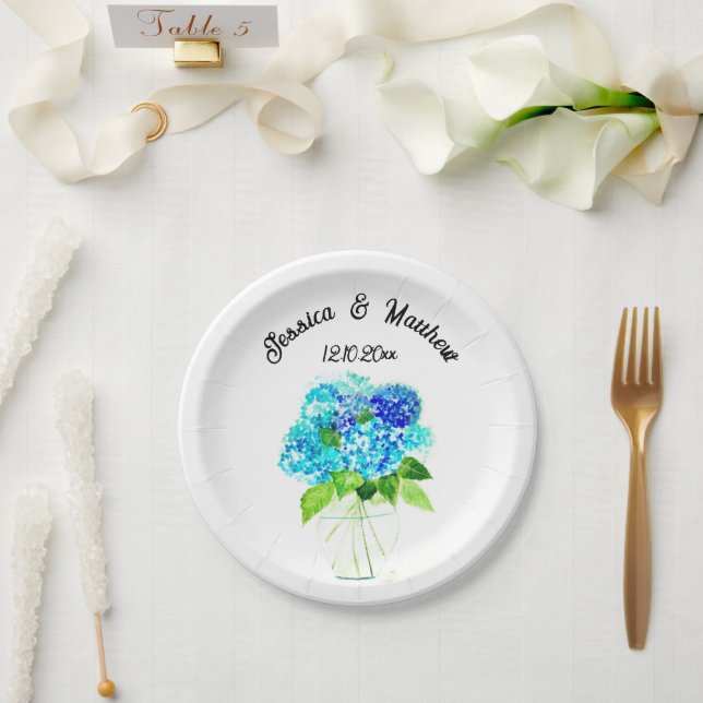 Hydrangea Blue floral Watercolor Weddings Paper Plate (Wedding)