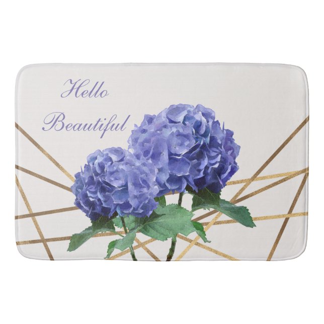 Hydrangea Blue Flowers & Gold Floral Chic Spring Bath Mat (Front)