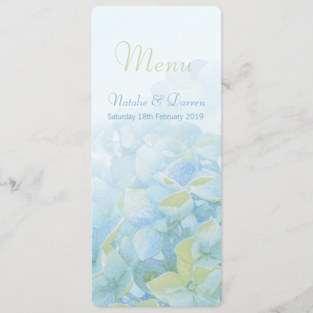 Hydrangea blue green wedding menu cards (Front)