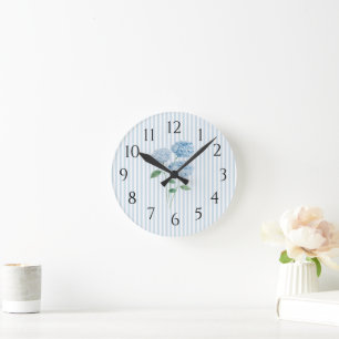 Hydrangea Blue Stripe Preppy Coastal Decor Round Clock