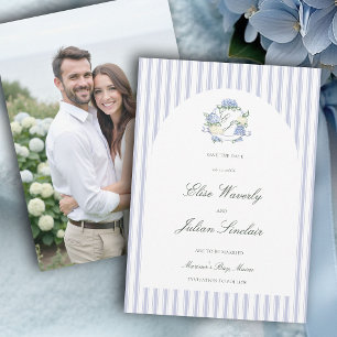Hydrangea Blue Stripes Arch Coastal Photo Wedding Save The Date