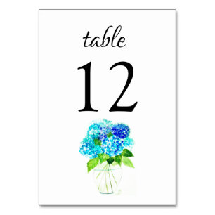 Hydrangea Blue Watercolor Floral Wedding Table Number