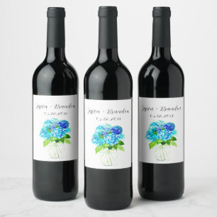 Hydrangea Blue Watercolor Flowers Floral Wedding Wine Label