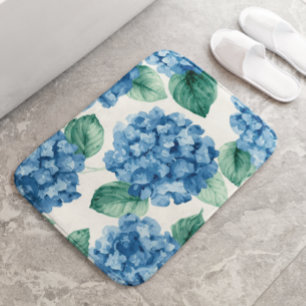 Hydrangea Blues Floral Watercolor Botanical Blooms Bath Mat