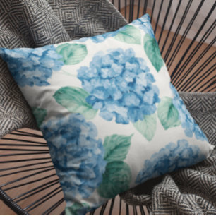Hydrangea Blues Floral Watercolor Botanical Blooms Cushion
