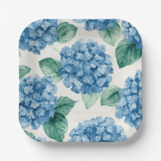 Hydrangea Blues Floral Watercolor Botanical Blooms Paper Plate
