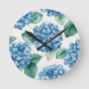 Hydrangea Blues Floral Watercolor Botanical Blooms Round Clock