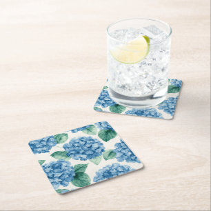 Hydrangea Blues Floral Watercolor Botanical Blooms Square Paper Coaster