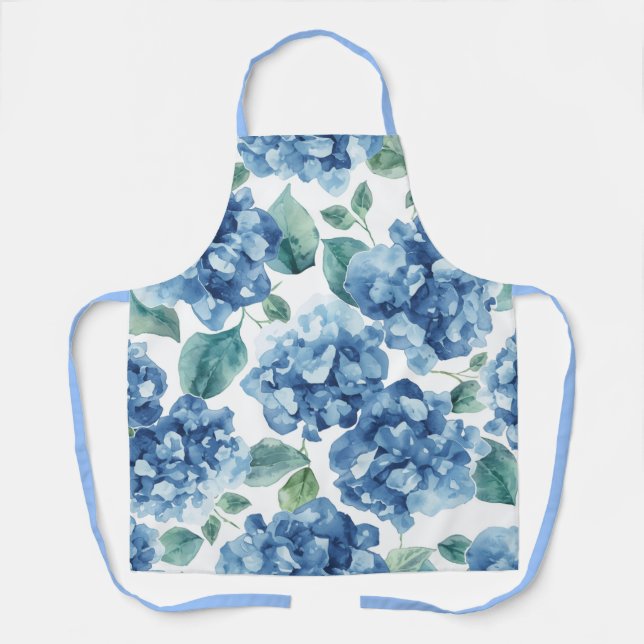 Hydrangea Blues | Watercolor Blooms Flower Pattern Apron (Front)