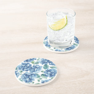 Hydrangea Blues Watercolor Blooms Flower Pattern Coaster