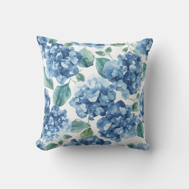 Hydrangea Blues | Watercolor Blooms Flower Pattern Cushion (Front)