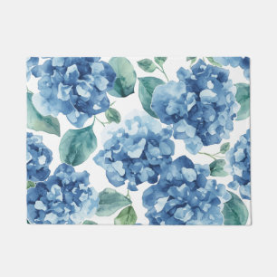 Hydrangea Blues Watercolor Blooms Flower Pattern Doormat