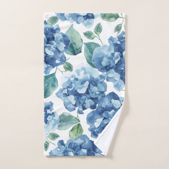 Hydrangea Blues | Watercolor Blooms Flower Pattern Hand Towel (Hand Towel)