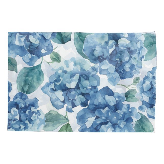 Hydrangea Blues | Watercolor Blooms Flower Pattern Pillowcase (Back)