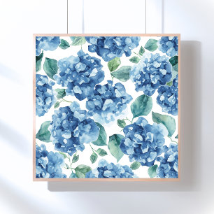 Hydrangea Blues Watercolor Blooms Flower Pattern Poster